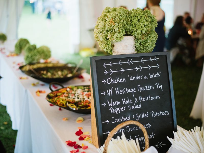 Catering menu on chalkboard for Vermont wedding