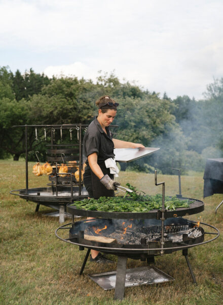 Chef Meg grills broccoli.